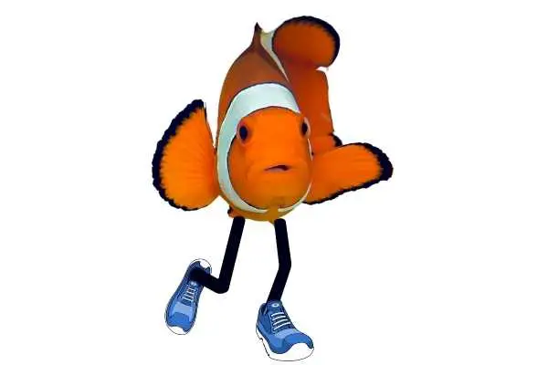 Image of a clown fish with cartoon stick legs and sneakers. Intended as a lampoon on the topic.