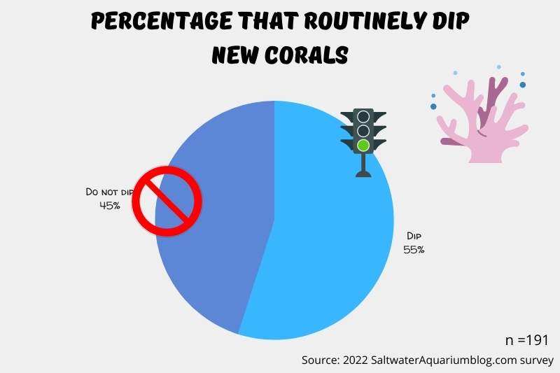 This image has a chart showing this stat: 55% of coral owners routinely dip corals before adding them to the tank, 45% do not